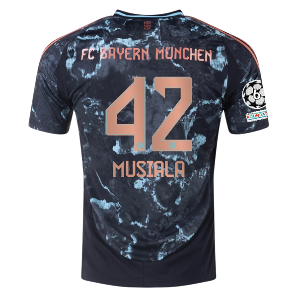 adidas Bayern Munich Jamal Musiala Away Jersey w/ Champions League Patches 24/25 (Black/Copper/Blue)