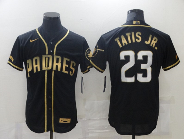 Men's San Diego Padres #23 Fernando Tatis Jr. 2021 Black Golden Edition Flex Base Stitched Baseball Jersey