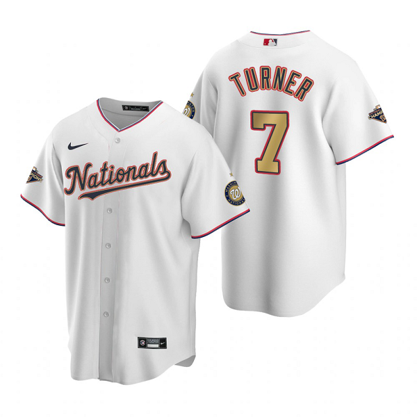 Men's Washington Nationals #7 Trea Turner White Gold 2019 World Series Champions Stitched MLB Cool Base Nike Jersey