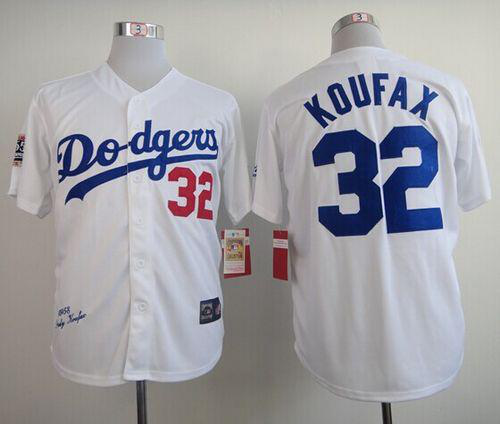 Mitchell And Ness 1958 Los Angeles Dodgers #32 Sandy Koufax White w/1955 World Patch Majestic Stitched MLB Jersey