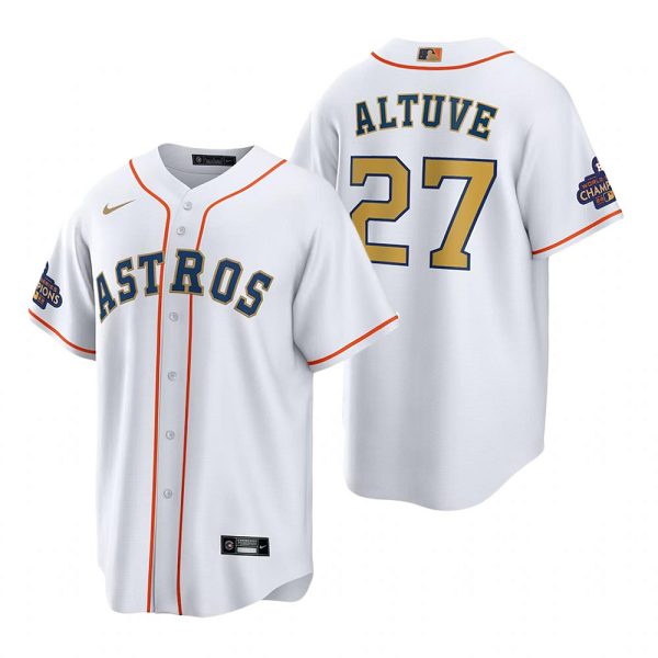 Youth Houston Astros MLB #27 Jose Altuve White 2023 Gold Collection Cool Base Nike Jersey