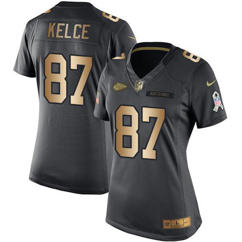 Nike Kansas City Chiefs #87 Travis Kelce Black Women's Stitched NFL Limited Gold Salute to Service Jersey