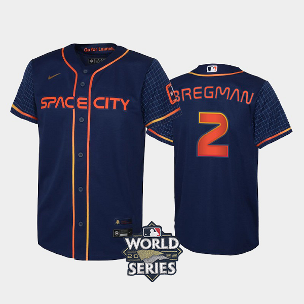 Youth's #2 Alex Bregman 2022 City Connect Houston Astros Cool Base Navy MLB Jersey with 2022 World Series Patch