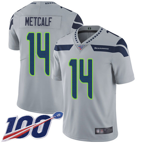 Men's Seattle Seahawks #14 D.K. Metcalf Grey Alternate Stitched NFL 100th Season Vapor Limited Jersey