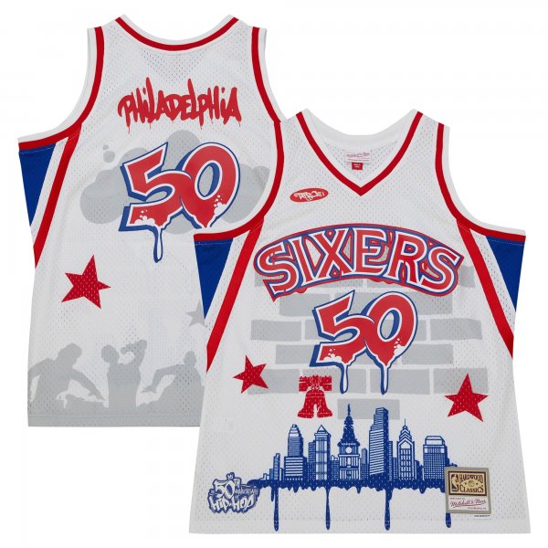 Men's Philadelphia 76ers Mitchell & Ness x Tats Cru White Hardwood Classics Fashion Jersey