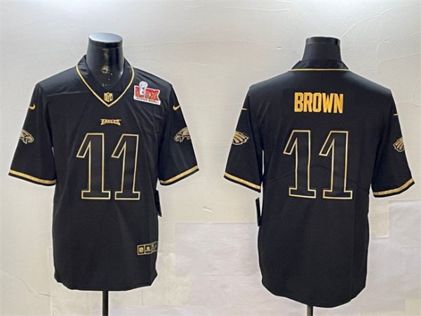 Men's Philadelphia Eagles #11 A. J. Brown Black Gold Super Bowl LIX Salute To Service Vapor Untouchable Limited Stitched Jersey