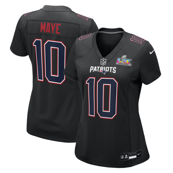 Women's New England Patriots Drake Maye Nike Black Super Bowl LX Patch Carbon Fashion Game Jersey