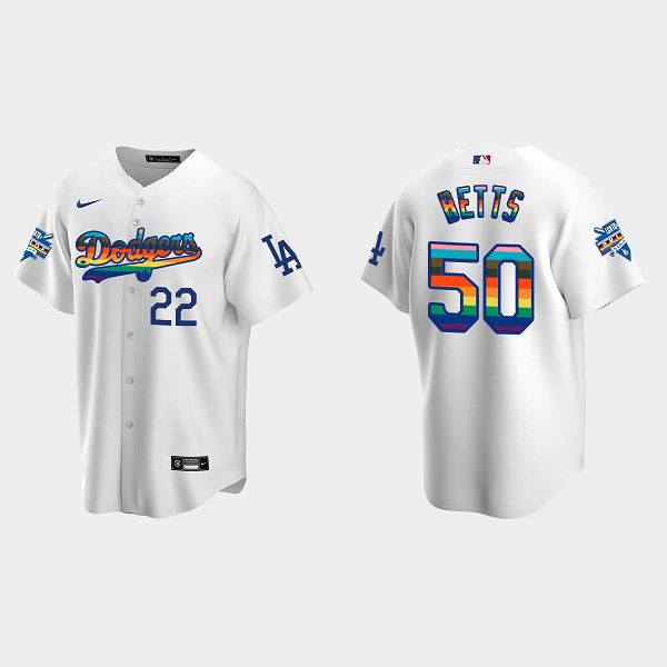 Men's Los Angeles Dodgers #50 Mookie Betts 2022 Pride Night LGBTQ Cool Base MLB Jersey - White