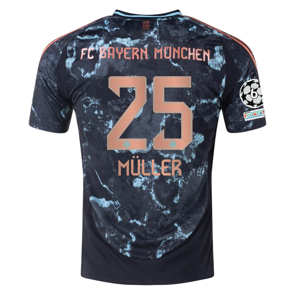 adidas Bayern Munich Thomas Muller Away Jersey w/ Champions League Patches 24/25 (Black/Copper/Blue)