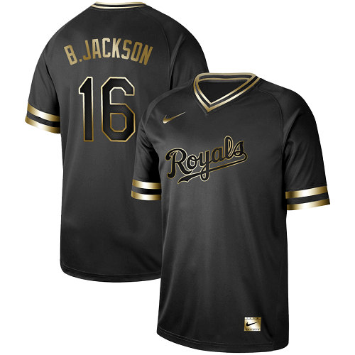 Men's Nike Kansas City Royals #16 Bo Jackson Black Gold MLB Jersey