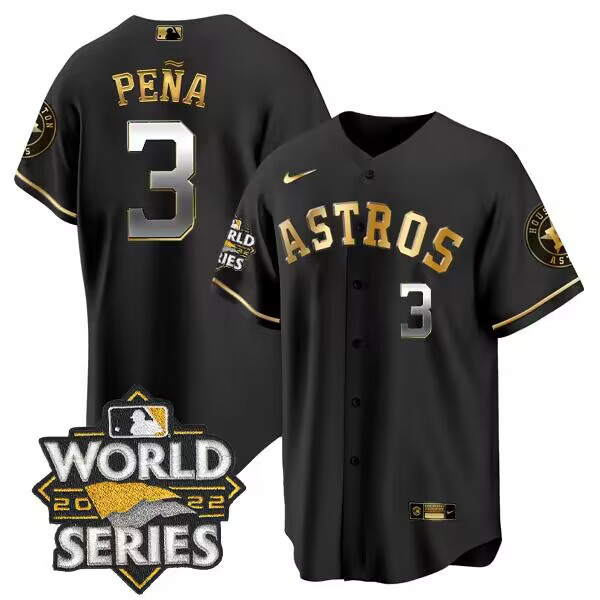 Men's Houston Astros #3 Jeremy Pena 2022 World Series Black Golden Stitched MLB Jersey