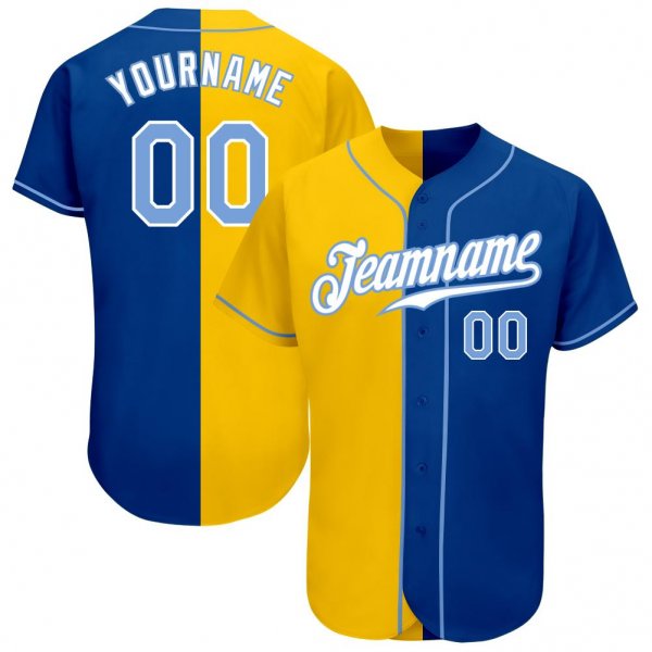 Men's Custom Royal Light Blue-Gold Authentic Split Fashion Baseball Jersey