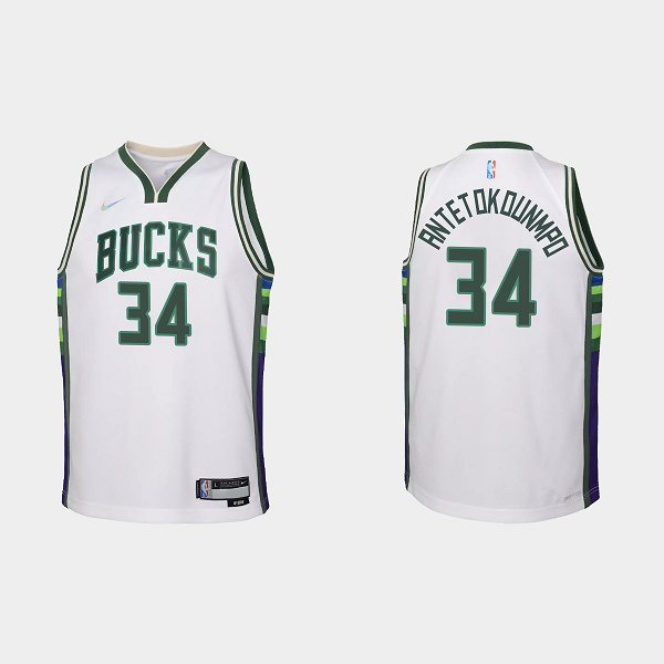 Youth Milwaukee Bucks #34 Giannis Antetokounmpo 2021-22 75th Anniversary City White NBA Jersey