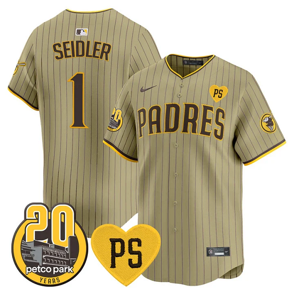 Men's San Diego Padres #1 Peter Seidler Jr For Peter & Petco Park 20th Patch Vapor Premier Limited All Stitched Cool Base Jersey