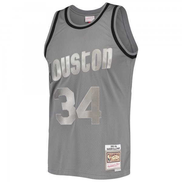 Men's Houston Rockets Hakeem Olajuwon Mitchell & Ness Charcoal Hardwood Classics Retired Player 1993/94 Metal Works Swingman Jersey