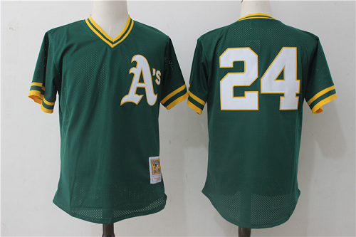 Mitchell and Ness Oakland Athletics #24 Rickey Henderson Green MLB Jersey 002