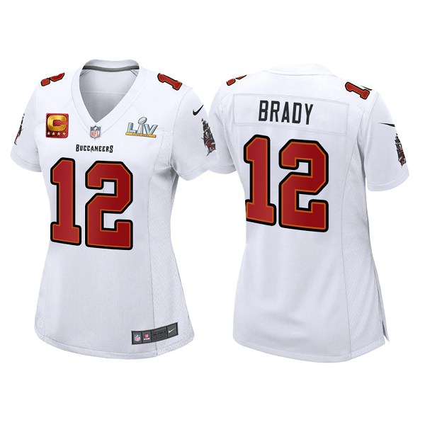 Women's Buccaneers #12 Tom Brady Super Bowl LV White Captain Patch Game Fashion Jersey