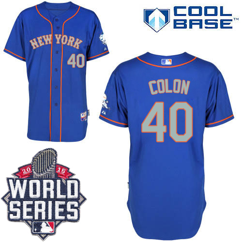 New York Mets #40 Bartolo Colon Blue(Grey NO.) Alternate Road Cool Base W/2015 World Series Patch Stitched MLB Jersey