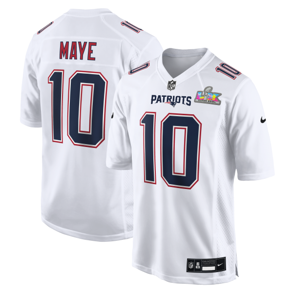 Men's New England Patriots Drake Maye Nike White Super Bowl LX Patch Tundra Fashion Game Jersey