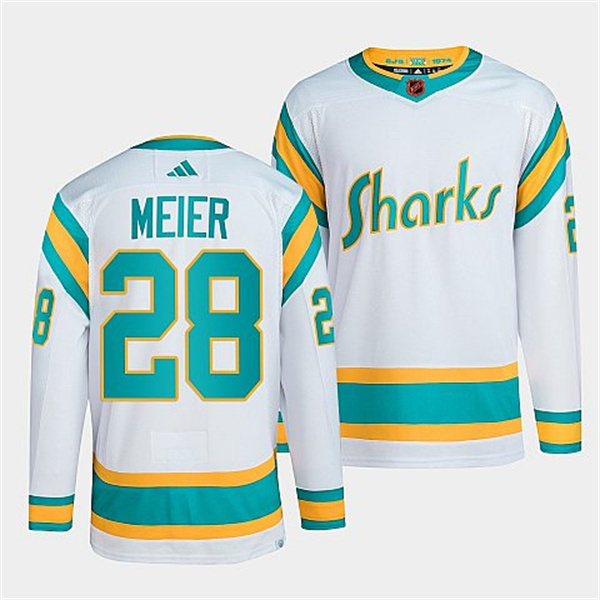 Men's San Jose Sharks #28 Timo Meier White 2022 Reverse Retro NHL Jersey