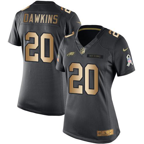 Nike Philadelphia Eagles #20 Brian Dawkins Black Women's Stitched NFL Limited Gold Salute to Service Jersey