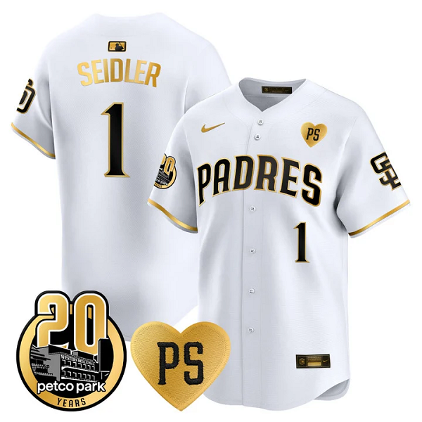 Men's San Diego Padres #1 Peter Seidler For Peter & Petco Park 20th Patch Vapor Premier Limited All Stitched Cool Base Jersey